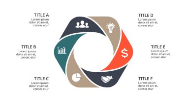 Daire okları Infographic vektör, döngüsü diyagramı, geometrik grafik, sunu grafik. İş kavramı ile 6 seçenekleri, parçalar, adımları, işler. 16 x 9 Slayt şablonu.
