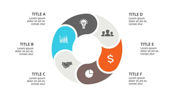 Vektor cirkel pilar infographic, cykla diagram, geometriska graf, presentation diagram. Affärsidén med 6 alternativ, delar, steg, bearbetar. 16 x 9 bild mall. — Stock vektor