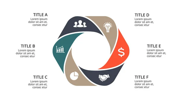 Vektorkreispfeile Infografik, Zyklusdiagramm, geometrisches Diagramm, Präsentationsdiagramm. Geschäftskonzept mit 6 Optionen, Teilen, Schritten, Prozessen. 16x9 Folienvorlage. — Stockvektor