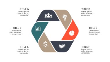 Daire okları Infographic vektör, döngüsü diyagramı, geometrik grafik, sunu grafik. İş kavramı ile 6 seçenekleri, parçalar, adımları, işler. 16 x 9 Slayt şablonu.