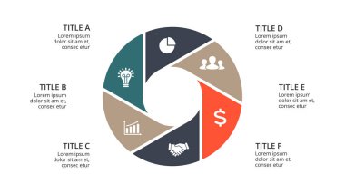 Daire okları Infographic vektör, döngüsü diyagramı, geometrik grafik, sunu grafik. İş kavramı ile 6 seçenekleri, parçalar, adımları, işler. 16 x 9 Slayt şablonu.