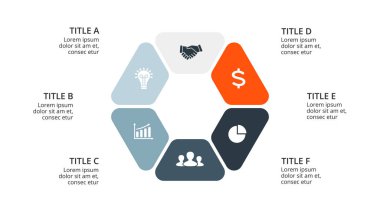 Daire okları Infographic vektör, döngüsü diyagramı, geometrik grafik, sunu grafik. İş kavramı ile 6 seçenekleri, parçalar, adımları, işler. 16 x 9 Slayt şablonu.
