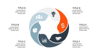 Daire okları Infographic vektör, döngüsü diyagramı, geometrik grafik, sunu grafik. İş kavramı ile 6 seçenekleri, parçalar, adımları, işler. 16 x 9 Slayt şablonu.
