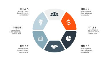Daire okları Infographic vektör, döngüsü diyagramı, geometrik grafik, sunu grafik. İş kavramı ile 6 seçenekleri, parçalar, adımları, işler. 16 x 9 Slayt şablonu.