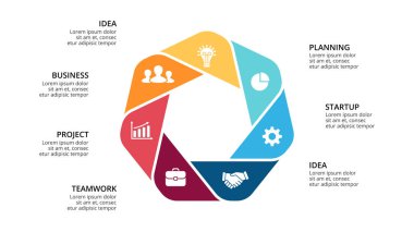 Daire okları Infographic vektör, döngüsü diyagramı, geometrik grafik, sunu grafik. İş kavramı ile 7, seçenekleri, parçalar, adımlar, işler. 16 x 9 Slayt şablonu.
