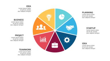 Daire okları Infographic vektör, döngüsü diyagramı, geometrik grafik, sunu grafik. İş kavramı ile 7, seçenekleri, parçalar, adımlar, işler. 16 x 9 Slayt şablonu.