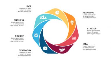 Daire okları Infographic vektör, döngüsü diyagramı, geometrik grafik, sunu grafik. İş kavramı ile 7, seçenekleri, parçalar, adımlar, işler. 16 x 9 Slayt şablonu.