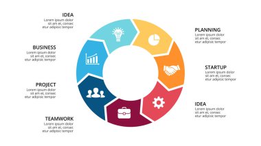 Daire okları Infographic vektör, döngüsü diyagramı, geometrik grafik, sunu grafik. İş kavramı ile 7, seçenekleri, parçalar, adımlar, işler. 16 x 9 Slayt şablonu.
