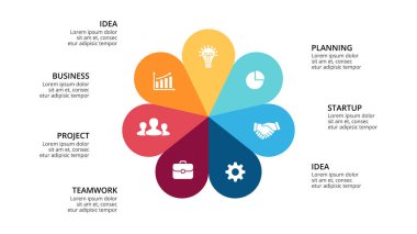 Daire okları Infographic vektör, döngüsü diyagramı, geometrik grafik, sunu grafik. İş kavramı ile 7, seçenekleri, parçalar, adımlar, işler. 16 x 9 Slayt şablonu.