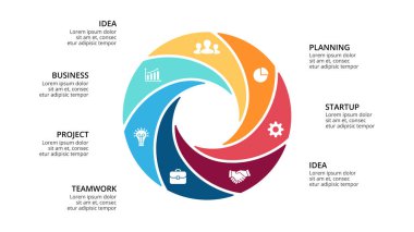 Daire okları Infographic vektör, döngüsü diyagramı, geometrik grafik, sunu grafik. İş kavramı ile 7, seçenekleri, parçalar, adımlar, işler. 16 x 9 Slayt şablonu.