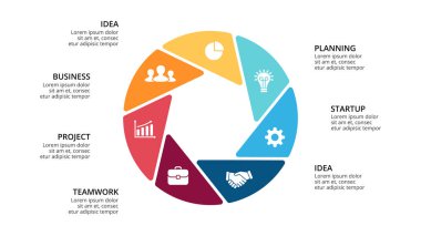 Daire okları Infographic vektör, döngüsü diyagramı, geometrik grafik, sunu grafik. İş kavramı ile 7, seçenekleri, parçalar, adımlar, işler. 16 x 9 Slayt şablonu.