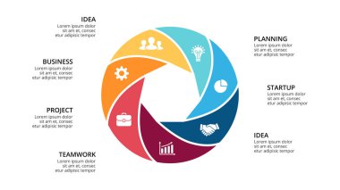 Daire okları Infographic vektör, döngüsü diyagramı, geometrik grafik, sunu grafik. İş kavramı ile 7, seçenekleri, parçalar, adımlar, işler. 16 x 9 Slayt şablonu.
