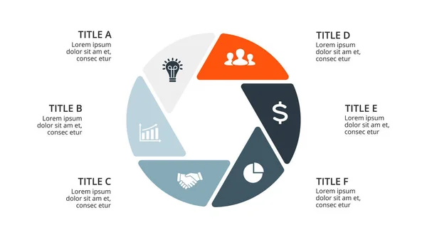 Infográfico de setas do círculo vetorial, diagrama de ciclo, gráfico geométrico, gráfico de apresentação. Conceito de negócio com 6 opções, peças, etapas, processos. Modelo de corrediça 16x9 . — Vetor de Stock