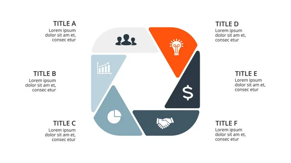 Векторні кругові стрілки інфографічні, циклічна діаграма, геометричний граф, презентаційна діаграма. Бізнес-концепція з 6 варіантами, частинами, кроками, процесами. Шаблон слайдів 16x9 . — стоковий вектор