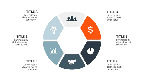 Infográfico de setas do círculo vetorial, diagrama de ciclo, gráfico geométrico, gráfico de apresentação. Conceito de negócio com 6 opções, peças, etapas, processos. Modelo de corrediça 16x9 . — Vetor de Stock