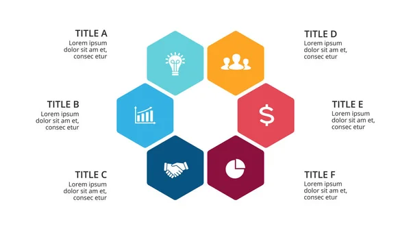 Infographie des flèches de cercle vectoriel, diagramme de cycle, graphique géométrique, graphique de présentation. Concept d'entreprise avec 6 options, pièces, étapes, processus. Modèle de diapositive 16x9 . — Image vectorielle