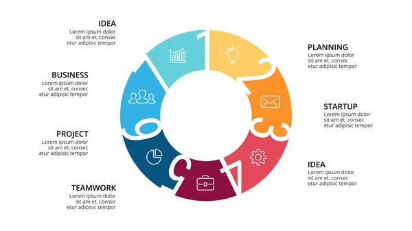 Infográfico de setas do círculo vetorial, diagrama de ciclo, gráfico geométrico, gráfico de apresentação. Conceito de negócio com 7, opções, peças, passos, processos. Modelo de corrediça 16x9 . — Vetor de Stock