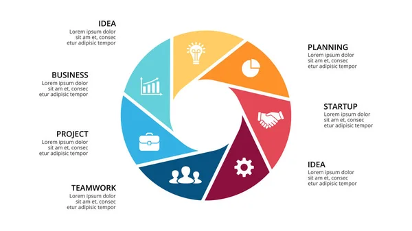 Infográfico de setas do círculo vetorial, diagrama de ciclo, gráfico geométrico, gráfico de apresentação. Conceito de negócio com 7, opções, peças, passos, processos. Modelo de corrediça 16x9 . — Vetor de Stock