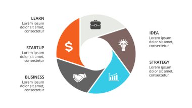 Daire okları Infographic vektör, döngüsü diyagramı, geometrik grafik, sunu grafik. İş kavramı ile 5, seçenekleri, parçalar, adımlar, işler. 16 x 9 Slayt şablonu.
