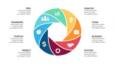Daire okları Infographic vektör, döngüsü diyagramı, geometrik grafik, sunu grafik. İş kavramı ile 8 seçenekleri, parçalar, adımları, işler. 16 x 9 Slayt şablonu.