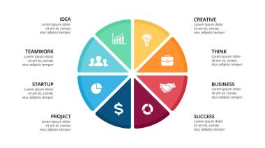 Daire okları Infographic vektör, döngüsü diyagramı, geometrik grafik, sunu grafik. İş kavramı ile 8 seçenekleri, parçalar, adımları, işler. 16 x 9 Slayt şablonu.
