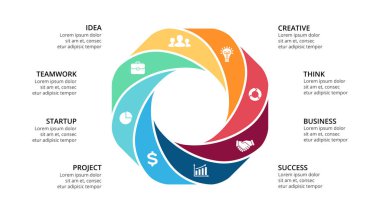 Daire okları Infographic vektör, döngüsü diyagramı, geometrik grafik, sunu grafik. İş kavramı ile 8 seçenekleri, parçalar, adımları, işler. 16 x 9 Slayt şablonu.