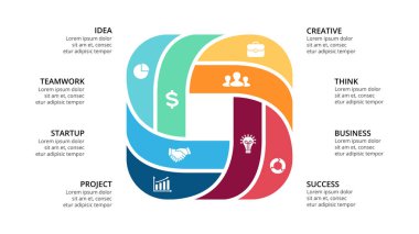 Daire okları Infographic vektör, döngüsü diyagramı, geometrik grafik, sunu grafik. İş kavramı ile 8 seçenekleri, parçalar, adımları, işler. 16 x 9 Slayt şablonu.