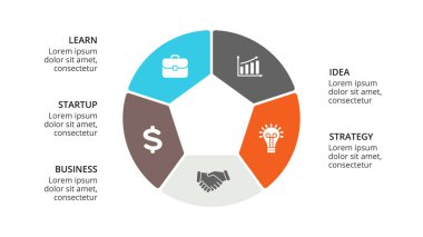 Daire okları Infographic vektör, döngüsü diyagramı, geometrik grafik, sunu grafik. İş kavramı ile 5, seçenekleri, parçalar, adımlar, işler. 16 x 9 Slayt şablonu.