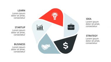 Daire okları Infographic vektör, döngüsü diyagramı, geometrik grafik, sunu grafik. İş kavramı ile 5, seçenekleri, parçalar, adımlar, işler. 16 x 9 Slayt şablonu.