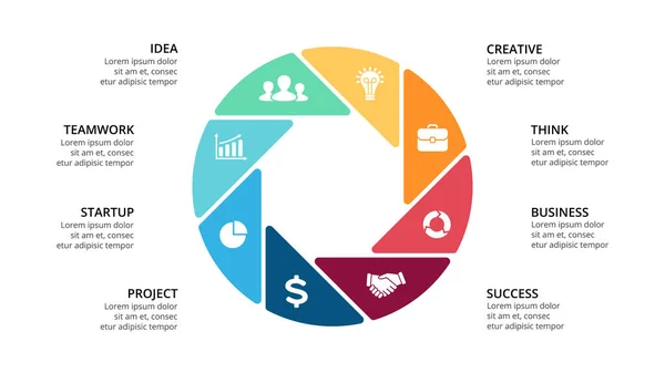 Vektorový infographic šipky kruh, cyklu, diagram, graf geometrické, prezentace chart. Obchodní koncept s 8 možnosti, díly, kroky, zpracuje. 16 x 9 snímků šablona. — Stockový vektor