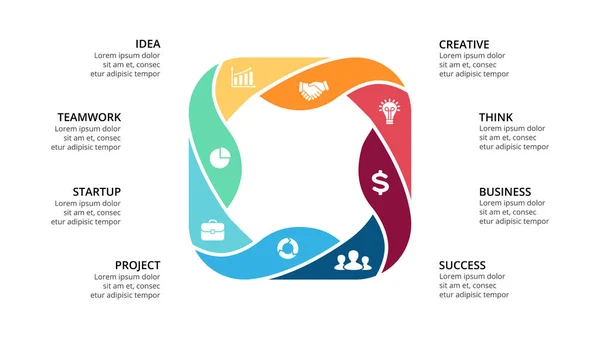 Flechas de círculo vectorial infografía, diagrama de ciclo, gráfico geométrico, gráfico de presentación. Concepto de negocio con 8 opciones, partes, pasos, procesos. plantilla de diapositiva 16x9 . — Vector de stock