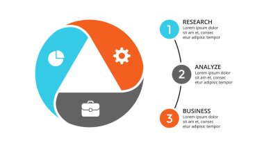 Daire okları Infographic vektör, döngüsü diyagramı, geometrik grafik, sunu grafik. İş kavramı ile 3 seçenekleri, parçalar, adımları, işler. 16 x 9 Slayt şablonu.