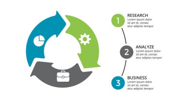 Daire okları Infographic vektör, döngüsü diyagramı, geometrik grafik, sunu grafik. İş kavramı ile 3 seçenekleri, parçalar, adımları, işler. 16 x 9 Slayt şablonu.