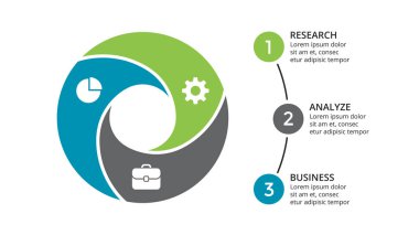 Daire okları Infographic vektör, döngüsü diyagramı, geometrik grafik, sunu grafik. İş kavramı ile 3 seçenekleri, parçalar, adımları, işler. 16 x 9 Slayt şablonu.