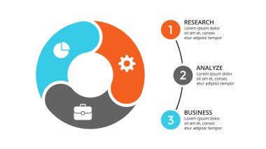 Daire okları Infographic vektör, döngüsü diyagramı, geometrik grafik, sunu grafik. İş kavramı ile 3 seçenekleri, parçalar, adımları, işler. 16 x 9 Slayt şablonu.