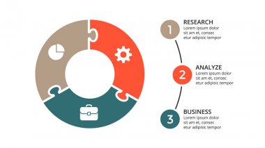 Daire okları Infographic vektör, döngüsü diyagramı, geometrik grafik, sunu grafik. İş kavramı ile 3 seçenekleri, parçalar, adımları, işler. 16 x 9 Slayt şablonu.