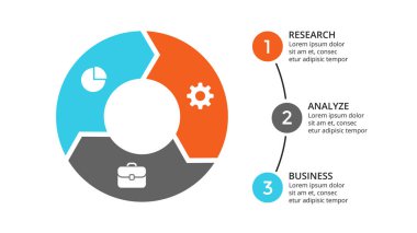 Daire okları Infographic vektör, döngüsü diyagramı, geometrik grafik, sunu grafik. İş kavramı ile 3 seçenekleri, parçalar, adımları, işler. 16 x 9 Slayt şablonu.