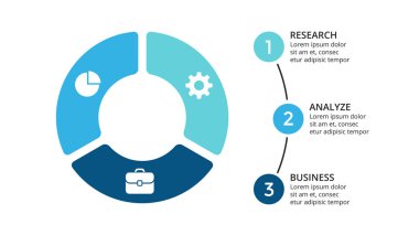 Daire okları Infographic vektör, döngüsü diyagramı, geometrik grafik, sunu grafik. İş kavramı ile 3 seçenekleri, parçalar, adımları, işler. 16 x 9 Slayt şablonu.
