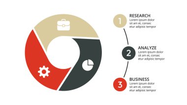 Daire okları Infographic vektör, döngüsü diyagramı, geometrik grafik, sunu grafik. İş kavramı ile 3 seçenekleri, parçalar, adımları, işler. 16 x 9 Slayt şablonu.