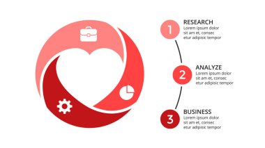 Daire okları Infographic vektör, döngüsü diyagramı, geometrik grafik, sunu grafik. İş kavramı ile 3 seçenekleri, parçalar, adımları, işler. 16 x 9 Slayt şablonu.