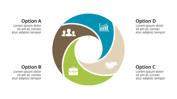 Infográfico de setas do círculo vetorial, diagrama de ciclo, gráfico geométrico, gráfico de apresentação. Conceito de negócio com 4 opções, peças, etapas, processos. Modelo de corrediça 16x9 . — Vetor de Stock