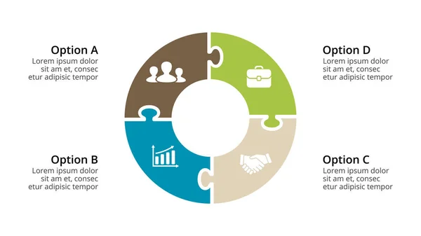 Infográfico de setas do círculo vetorial, diagrama de ciclo, gráfico geométrico, gráfico de apresentação. Conceito de negócio com 4 opções, peças, etapas, processos. Modelo de corrediça 16x9 . — Vetor de Stock