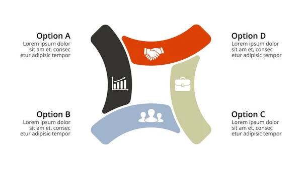 Wektor koło strzałki infografikę, cyklu diagram, wykres geometryczny, prezentacji wykresu. Koncepcja biznesowa z 4 opcje, części, czynności, procesów. 16 x 9 slajdów szablonu. — Wektor stockowy