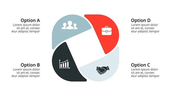 Vector cirkel pijlen infographic, cyclus geometrische grafiek, diagram, grafiek van de presentatie. Businessconcept met 4 opties, onderdelen, stappen, verwerkt. 16 x 9 dia sjabloon. — Stockvector