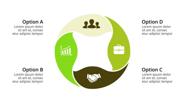 Vektorkreispfeile Infografik, Zyklusdiagramm, geometrisches Diagramm, Präsentationsdiagramm. Geschäftskonzept mit 4 Optionen, Teilen, Schritten, Prozessen. 16x9 Folienvorlage. — Stockvektor