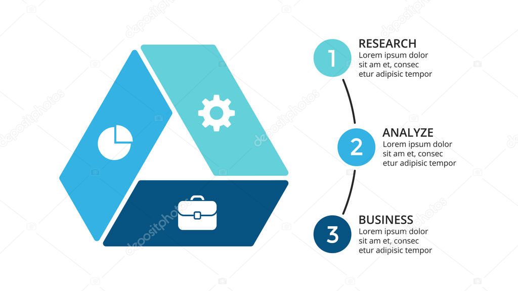 Vector circle arrows infographic, cycle diagram, geometric graph, presentation chart. Business concept with 3 options, parts, steps, processes. 16x9 slide template.