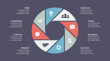 Daire okları Infographic vektör, döngüsü diyagramı, grafik, sunu grafik. İş kavramı ile 8 seçenekleri, parçalar, adımları, işler.