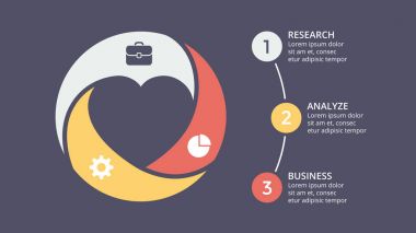 Vektör daire kalp çevrimi diyagramı, grafik, sunu grafik, Sevgililer Infographic seviyorum. İş kavramı ile 3 seçenekleri, parçalar, adımları, işler. 16 x 9 karanlık slayt şablonu.