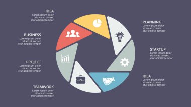 Daire okları Infographic vektör, döngüsü diyagramı, grafik, sunu grafik. İş kavramı ile 7 seçenekleri, parçalar, adımları, işler. 16 x 9 karanlık slayt şablonu.