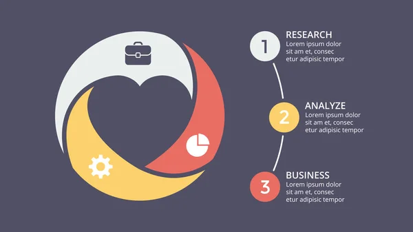 Wektor koło serca miłość Walentynki infografikę, cykl diagramu, wykresu, wykres do prezentacji. Koncepcja biznesowa z 3 opcje, części, czynności, procesów. 16 x 9 ciemne slajdów szablonu. — Wektor stockowy